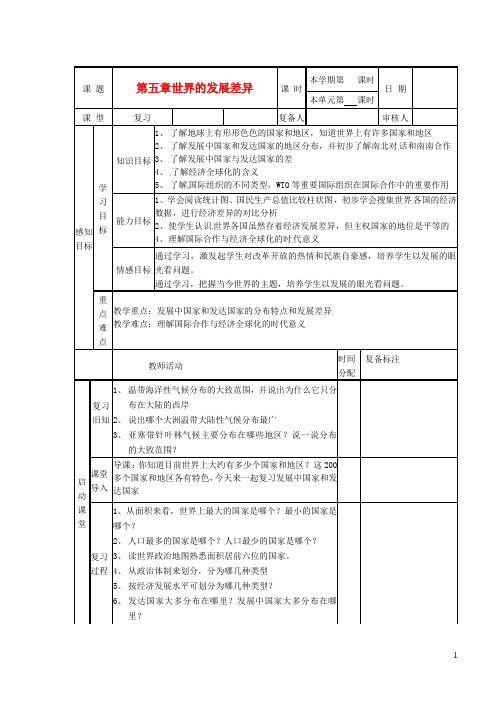 山东省邹平县实验中学七年级地理上册 第五章 世界的发展差异导学案(无答案)(新版)湘教版