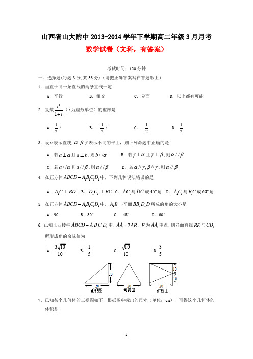 山西省山大附中2013-2014学年下学期高二年级3月月考数学试卷(文科,有答案)