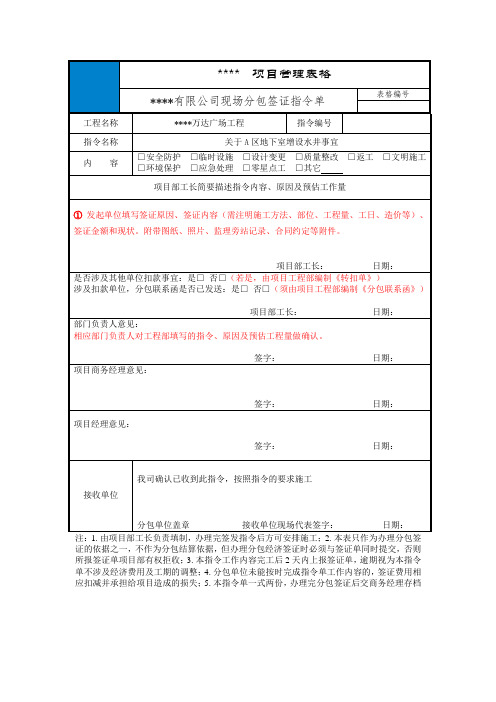 专业分包签证指令单   模板