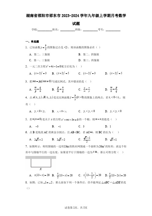 湖南省邵阳市邵东市2023-2024学年九年级上学期月考数学试题