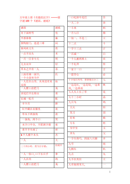 [VIP专享]人教版五年级上册《有趣的汉字》-----猜字谜100个(谜面、谜底)