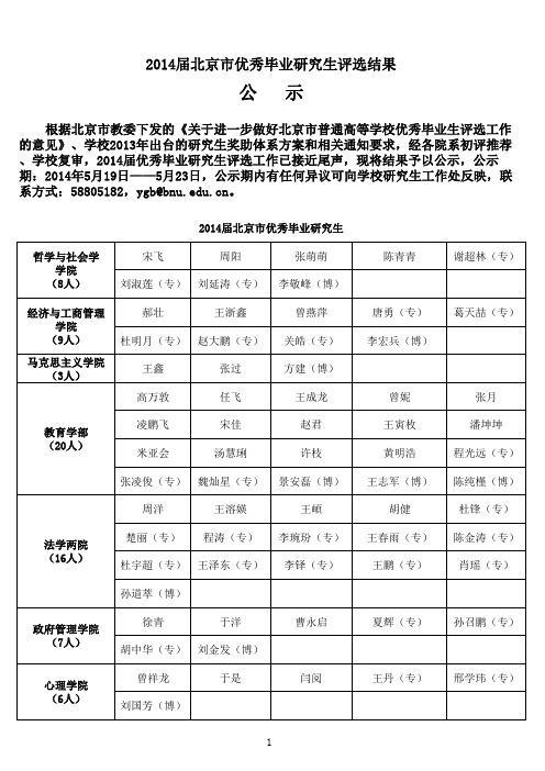 2014届北京市优秀毕业研究生评选结果