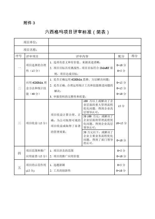 六西格玛项目评审标准(简表)