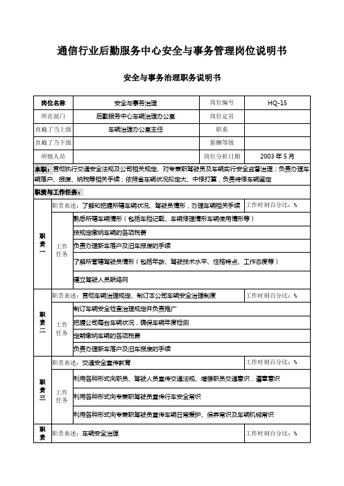 通信行业后勤服务中心安全与事务管理岗位说明书