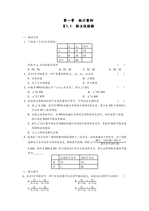 【精品习题】高二数学人教选修1-2同步练习：1.1 独立性检验 Word版含解析