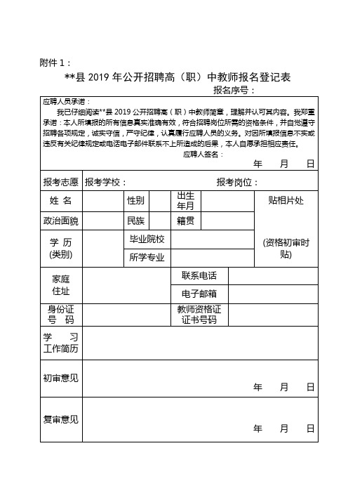 祁东县2019年公开招聘高(职)中教师报名登记表【模板】