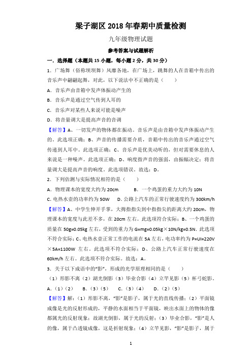梁子湖区2018年春期中质量检测九年级物理试题答案及解析
