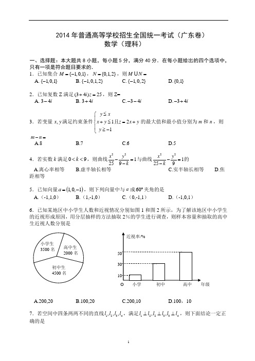 2014年高考理科数学广东卷答案及解析