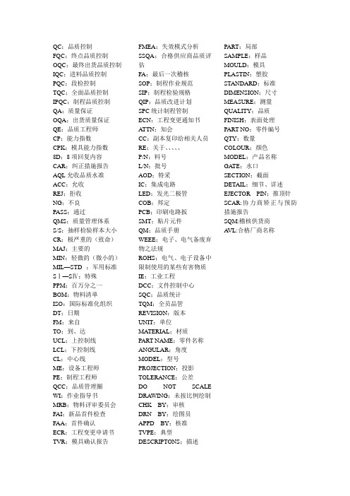 QC常用英文简写术语