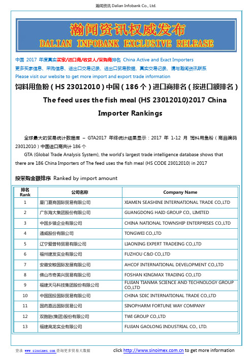 饲料用鱼粉(HS 23012010)2017 中国(186个)进口商排名(按进口额排名)