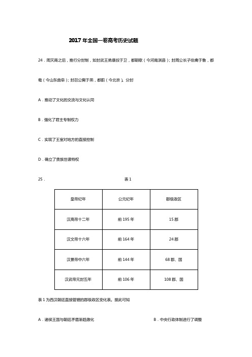 2017年全国一卷高考历史试题及答案