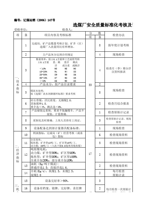 选煤厂安全质量标准化考核标准及评分办法