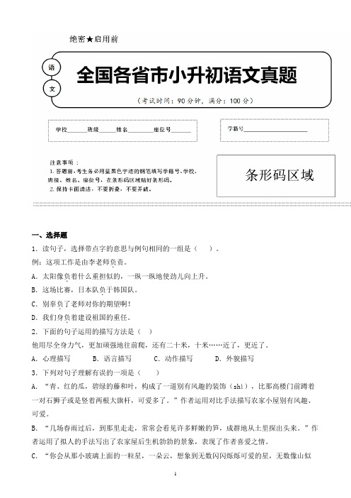 【小升初】2020年浙江省嘉兴市小升初语文毕业会考试题含答案(全网唯一)