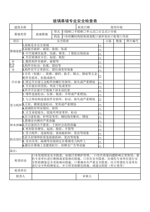 玻璃幕墙专业安全隐患检查现场记录