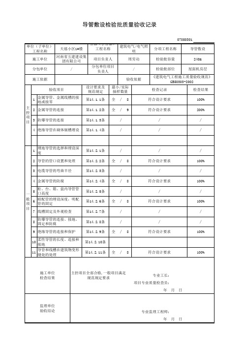 1#楼 导管敷设检验批质量验收记录 屋面机房层