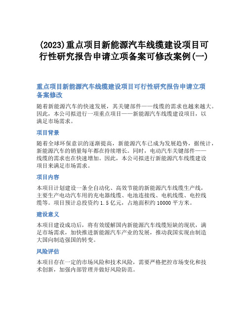 (2023)重点项目新能源汽车线缆建设项目可行性研究报告申请立项备案可修改案例(一)