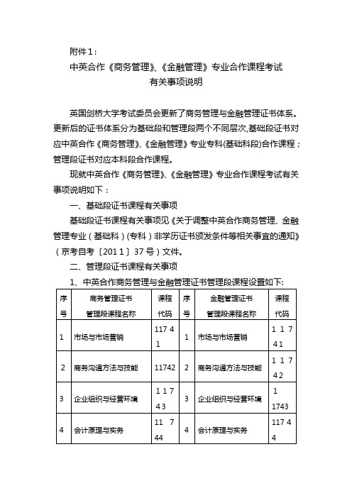 自-中英合作《商务管理》、《金融管理》专业合作课程考试有关事项说明 