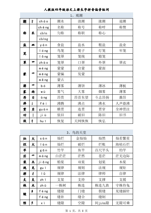 人教版四年级语文上册生字带拼音偏旁并组词