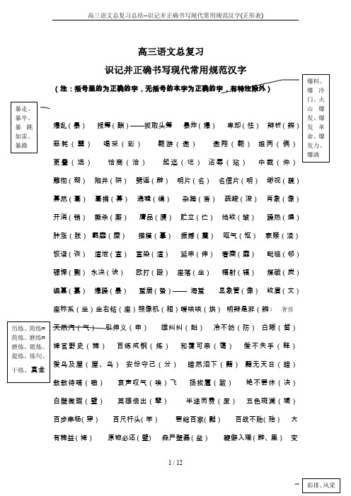 高三语文总复习总结--识记并正确书写现代常用规范汉字(正形表)