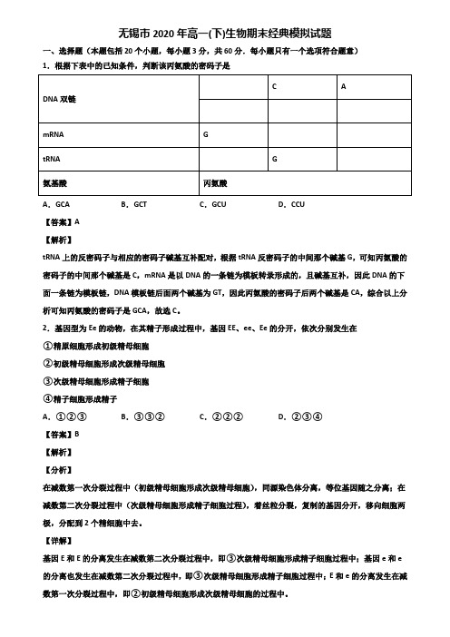 无锡市2020年高一(下)生物期末经典模拟试题含解析