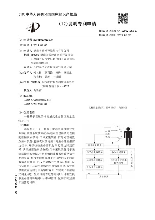 【CN109924962A】一种基于雷达的非接触式生命体征测量系统及方法【专利】