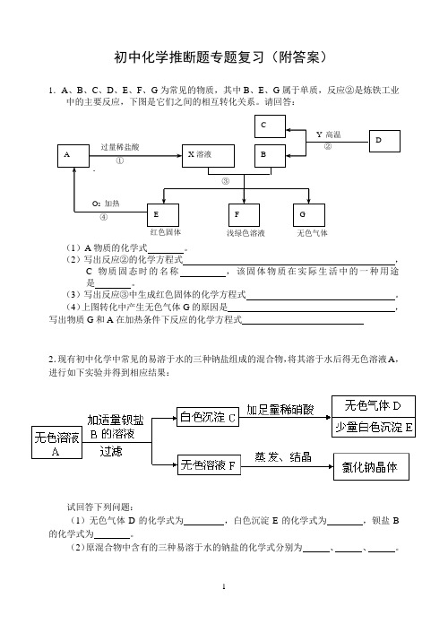 初中化学推断题经典例子大全有答案