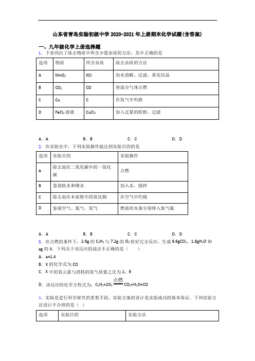 山东省青岛实验初级中学2020-2021年初三化学上册期末化学试题(含答案)