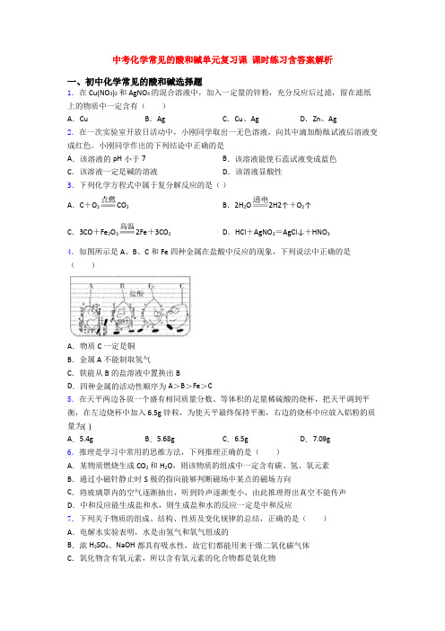 中考化学常见的酸和碱单元复习课 课时练习含答案解析