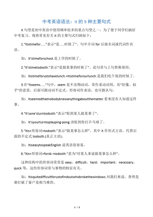 中考英语语法：it的9种主要句式