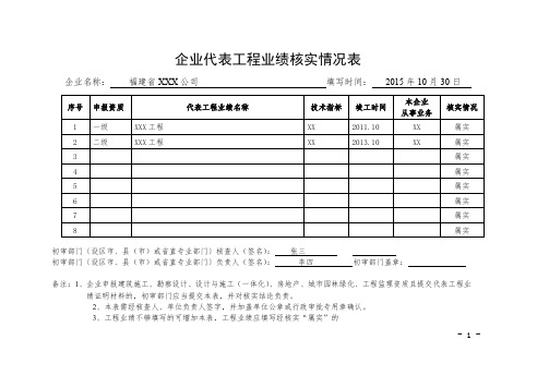 企业代表工程业绩核实情况表