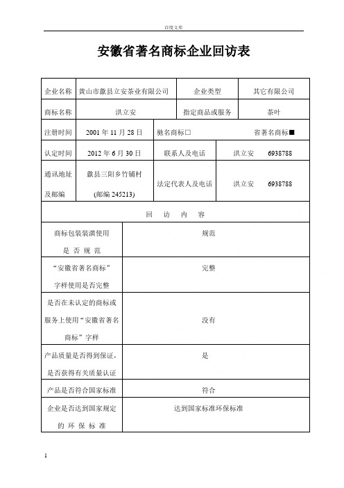 安徽省著名商标企业回访表