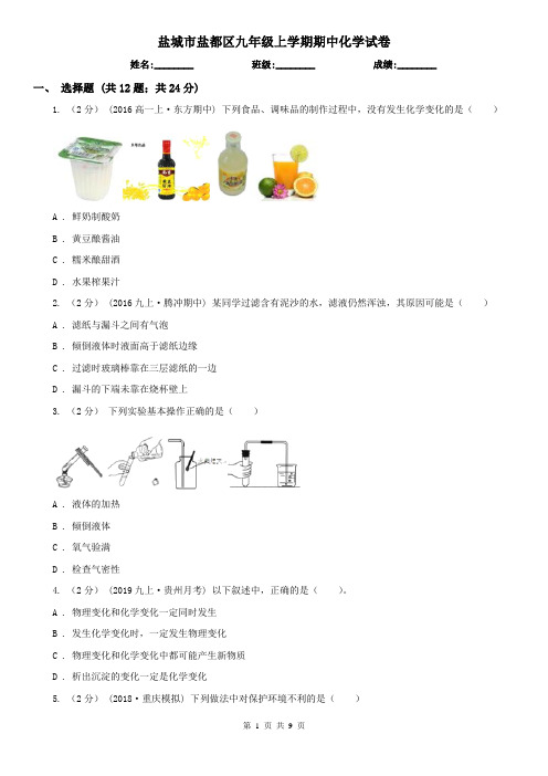 盐城市盐都区九年级上学期期中化学试卷