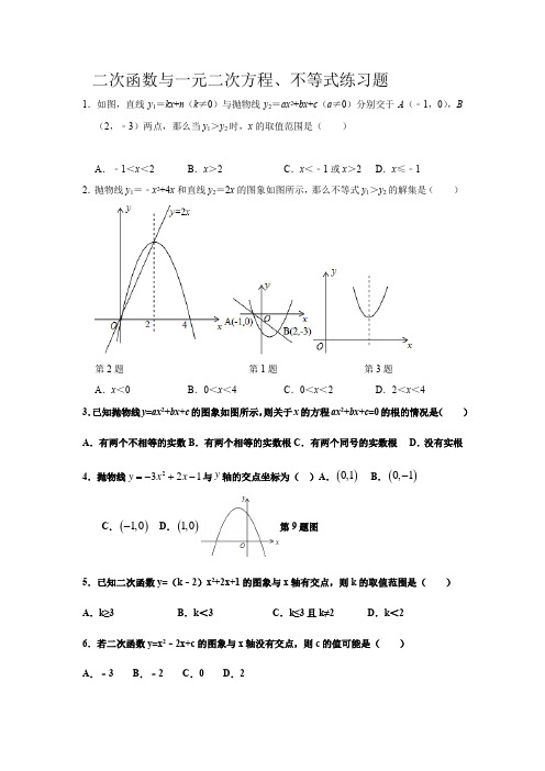 二次函数与一元二次方程、不等式练习题