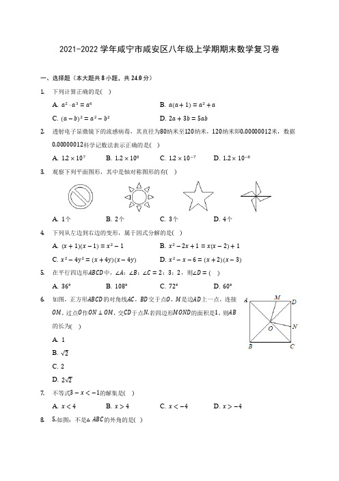 2021-2022学年咸宁市咸安区八年级上学期期末数学复习卷(含答案解析)