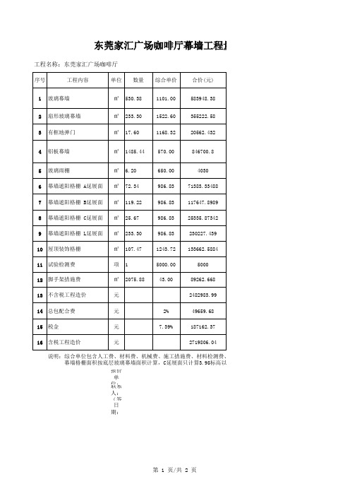 咖啡厅幕墙工程量报价清单