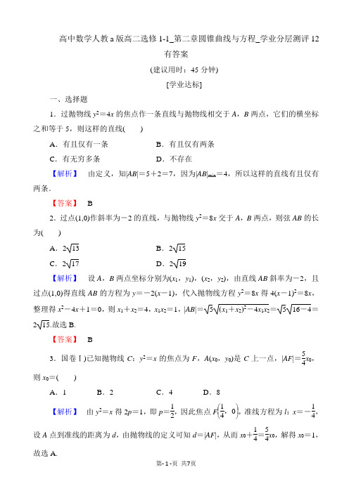 高中数学人教a版高二选修1-1_第二章圆锥曲线与方程_学业分层测评12 有答案