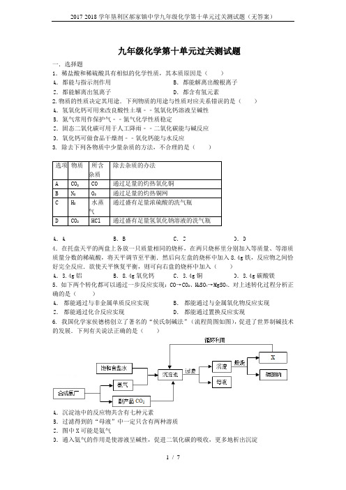 2017-2018学年垦利区郝家镇中学九年级化学第十单元过关测试题(无答案)