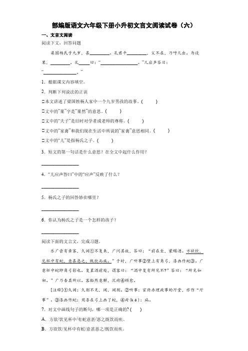 部编人教版版语文小升初文言文阅读试卷(06)(含答案)