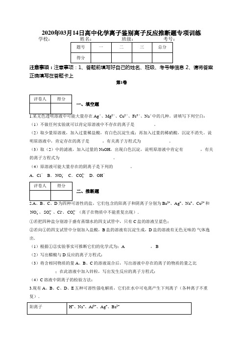 高中化学离子鉴别离子反应推断题专项训练(附答案)