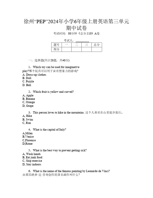 徐州“PEP”2024年小学6年级上册O卷英语第三单元期中试卷