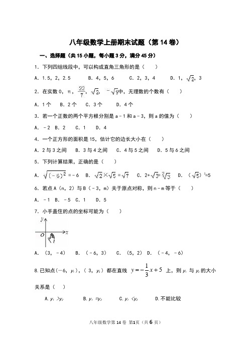 最新北师大版八年级数学上册期末测试题第14卷