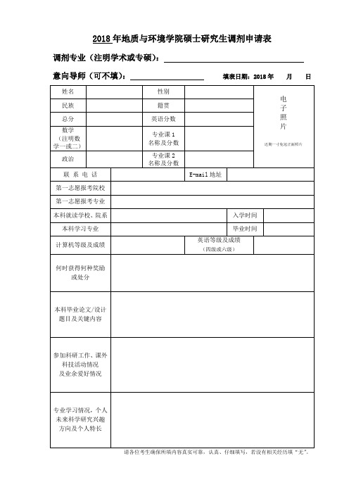 2018年地质与环境学院硕士研究生调剂申请表