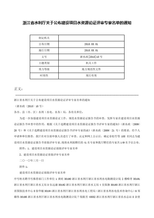 浙江省水利厅关于公布建设项目水资源论证评审专家名单的通知-浙水政[2010]10号