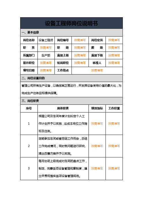 设备工程师岗位说明书模板及填写范例