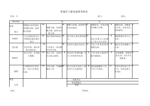 普通员工服务成绩考核表样板