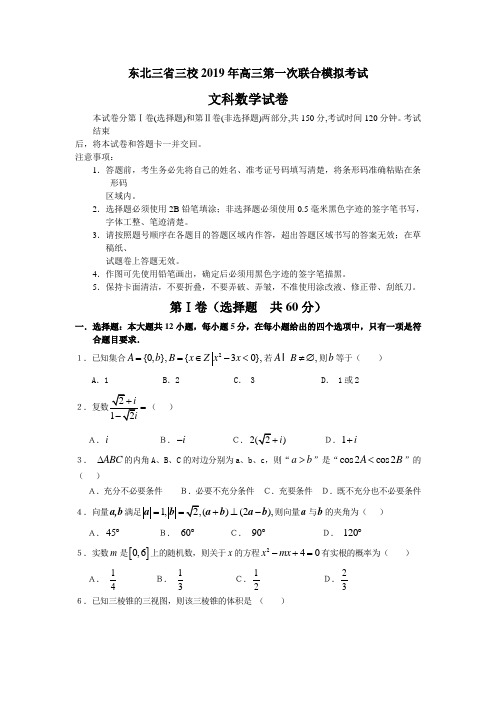 东北三省三校2019年高三第一次联合模拟考试文科数学试卷