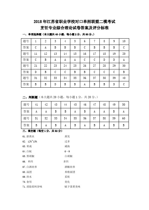 江苏省职业学校对口单招联盟2018届高三年级第二轮复习调研测试  烹饪答案