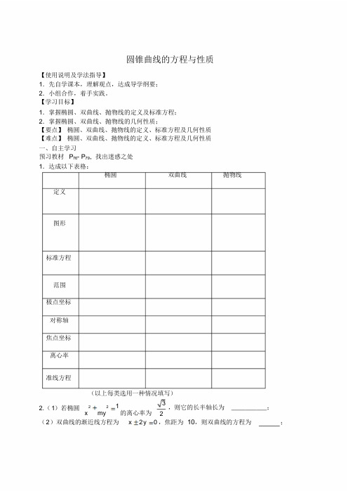 人教版高中数学选修2-1第二章圆锥曲线的方程与性质导学案