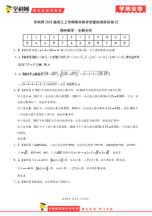 数学(理)原创卷(新课标02)-2019届高三上学期期末教学质量检测原创卷(全解全析)