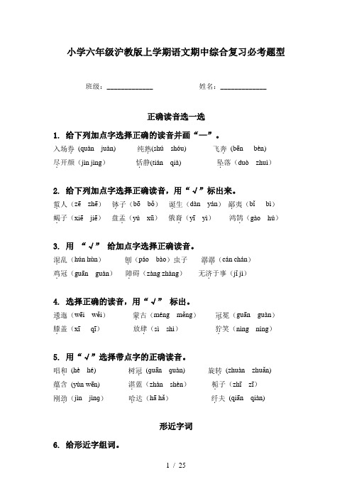 小学六年级沪教版上学期语文期中综合复习必考题型